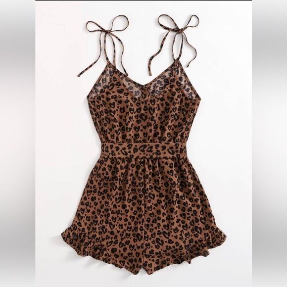 SHEIN Plus Tied Shoulder‎ Ruffle Hem Leopard Belted Cami Romper 2XL - Picture 3 of 11